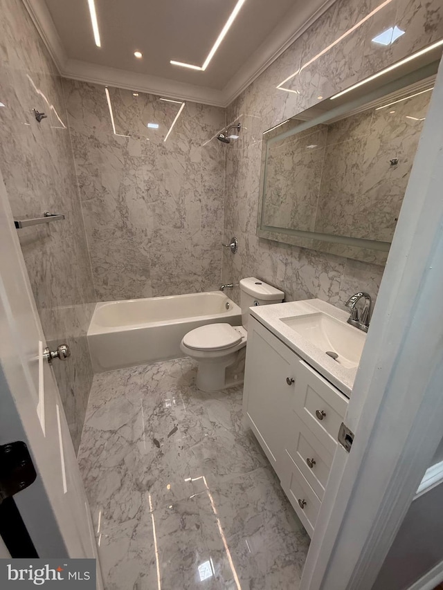 full bathroom featuring toilet, ornamental molding, tile walls, and tiled shower / bath