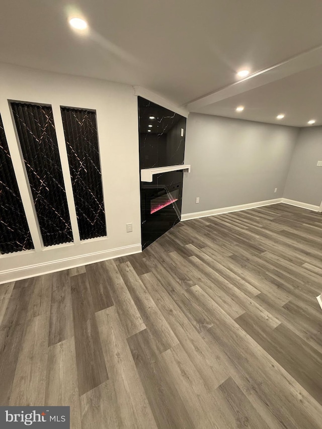 basement with hardwood / wood-style floors