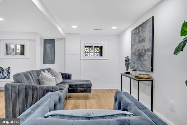 living room with hardwood / wood-style floors and electric panel