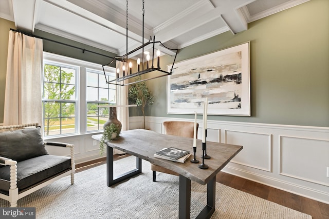 office with crown molding, beamed ceiling, a chandelier, and wood-type flooring