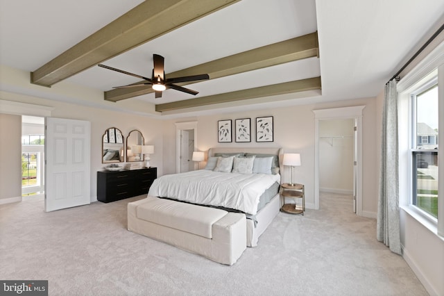 bedroom with a walk in closet, multiple windows, and ceiling fan