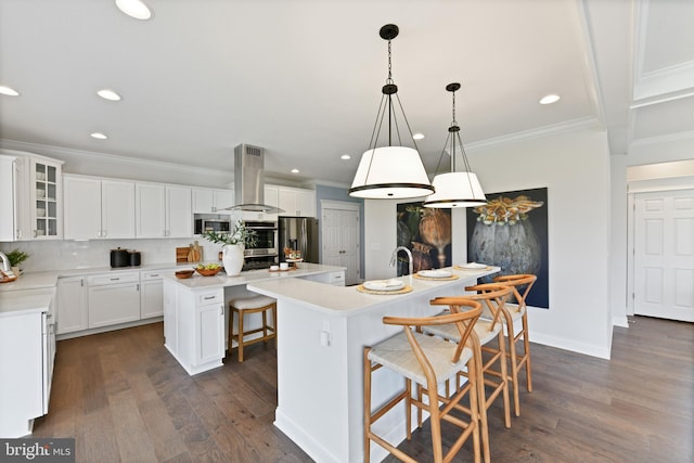 kitchen featuring white cabinetry, a center island with sink, stainless steel appliances, and ventilation hood