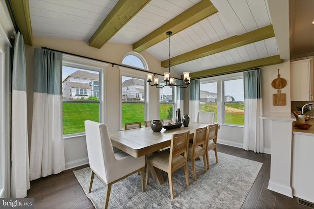 dining area with lofted ceiling with beams, dark hardwood / wood-style floors, and a wealth of natural light