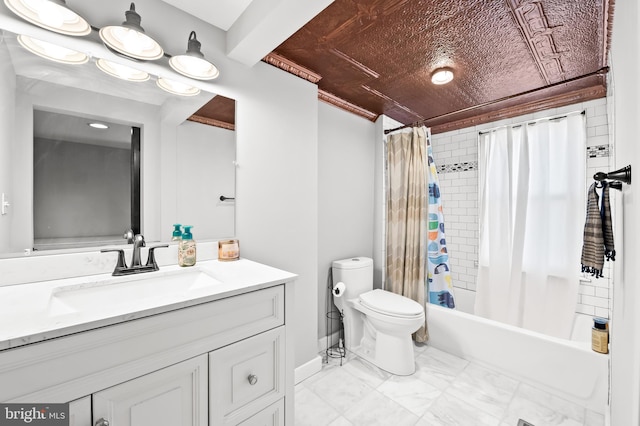 full bathroom featuring vanity, shower / bath combo, and toilet