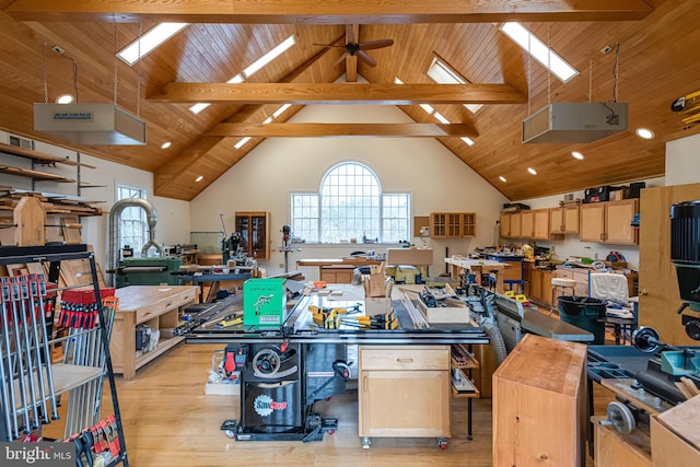 interior space featuring a workshop area, high vaulted ceiling, light hardwood / wood-style flooring, beam ceiling, and wood ceiling