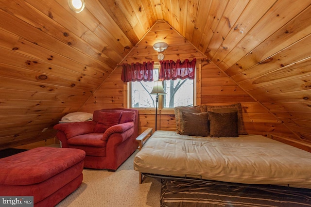 bedroom with carpet flooring, wood walls, lofted ceiling, and wood ceiling