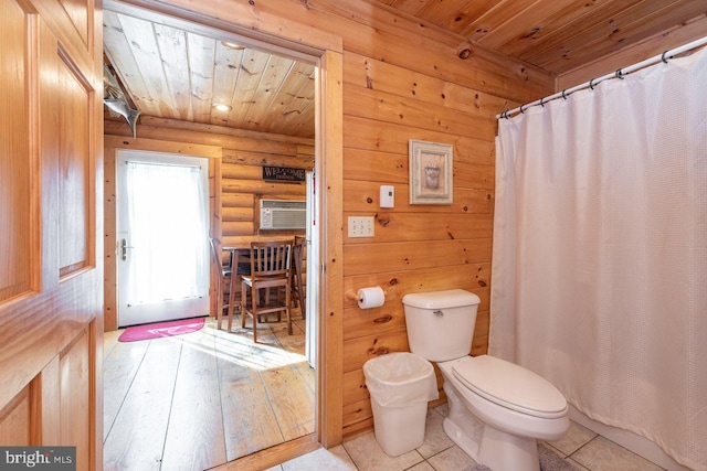 bathroom featuring wooden ceiling, a shower with curtain, toilet, a wall mounted AC, and wood-type flooring