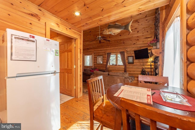 dining area with light hardwood / wood-style floors, ceiling fan, and wooden ceiling