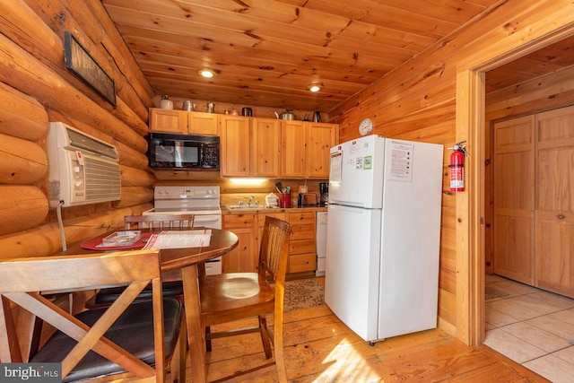 kitchen featuring light brown cabinets, light tile patterned flooring, white appliances, and wood ceiling