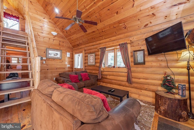 living room featuring wood ceiling, ceiling fan, wood-type flooring, and high vaulted ceiling