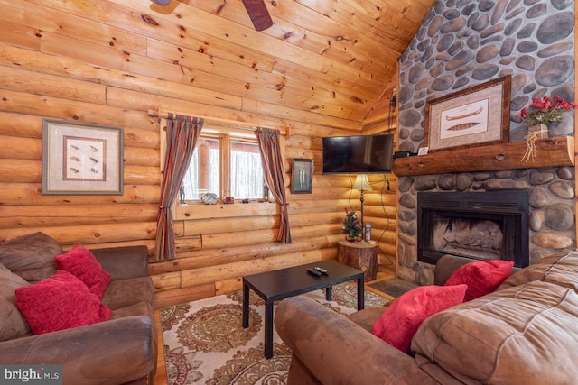 living room with ceiling fan, wooden ceiling, a fireplace, and high vaulted ceiling