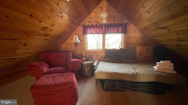 carpeted bedroom featuring wooden ceiling, vaulted ceiling, and wooden walls