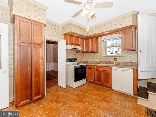 kitchen with crown molding, range with electric stovetop, dishwasher, under cabinet range hood, and wallpapered walls