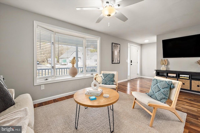 living area with ceiling fan and dark hardwood / wood-style flooring