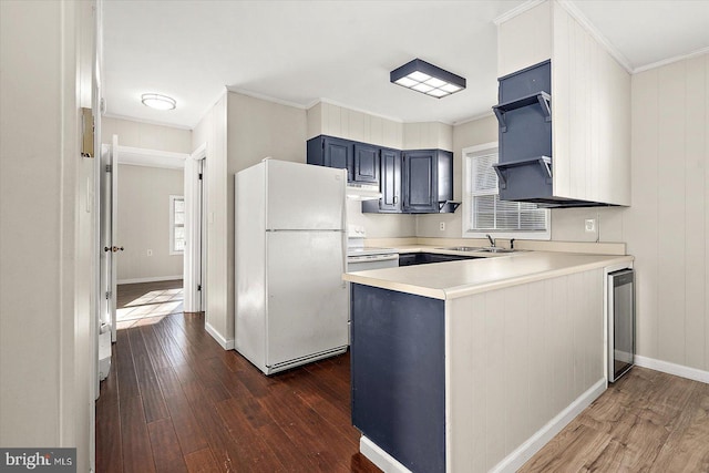 kitchen with blue cabinetry, white refrigerator, dark hardwood / wood-style floors, and crown molding