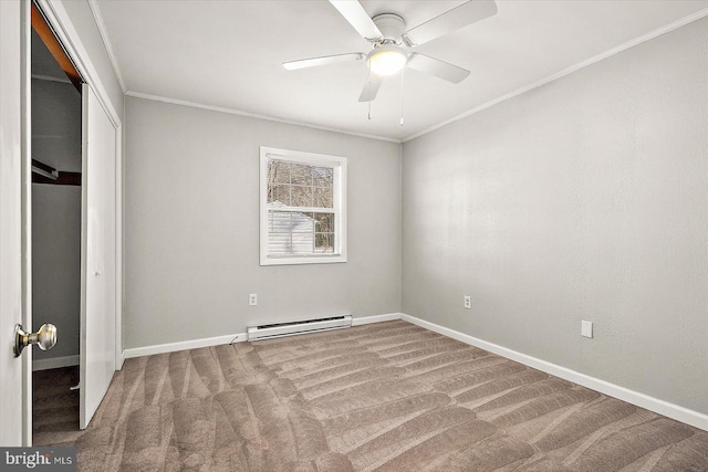 unfurnished bedroom featuring ceiling fan, crown molding, carpet, and a baseboard radiator