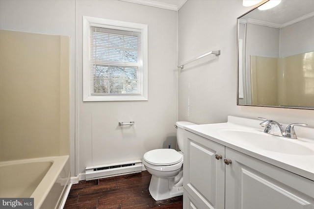 full bathroom featuring vanity, a baseboard heating unit, toilet, ornamental molding, and wood-type flooring