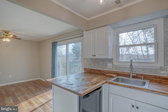 kitchen featuring stainless steel dishwasher, plenty of natural light, white cabinetry, and sink