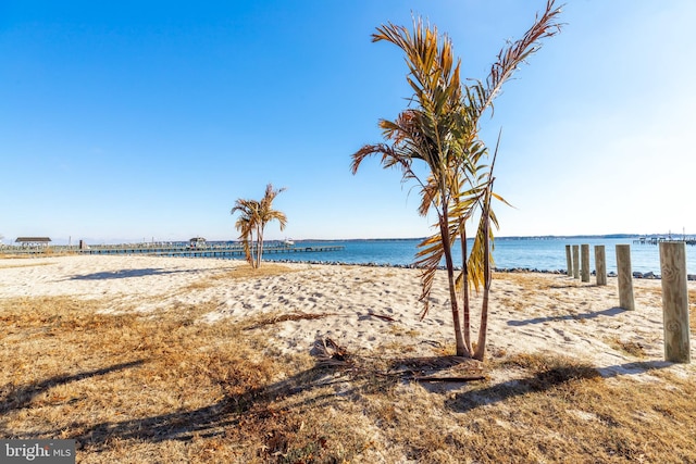 view of water feature with a beach view