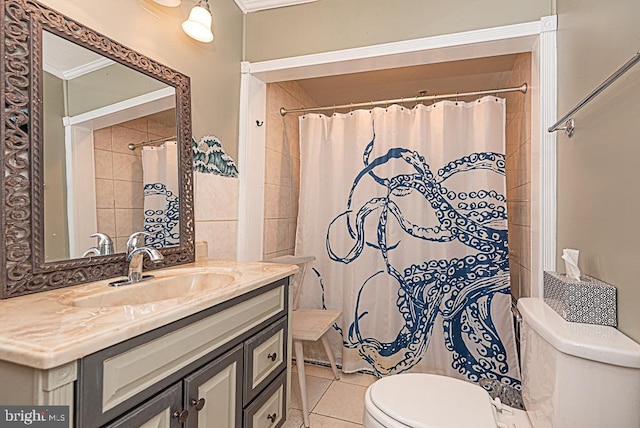 bathroom with walk in shower, vanity, toilet, and tile patterned flooring