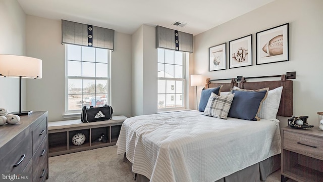 carpeted bedroom featuring multiple windows