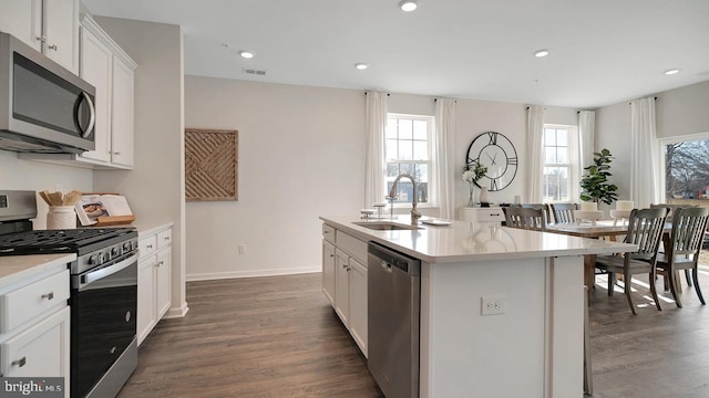 kitchen with a wealth of natural light, sink, appliances with stainless steel finishes, and an island with sink