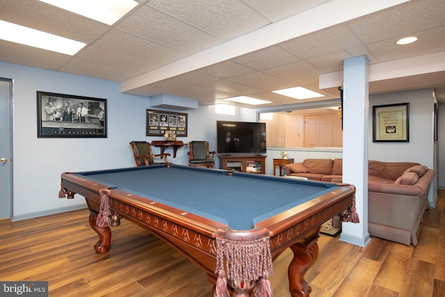 playroom with hardwood / wood-style flooring, a paneled ceiling, and pool table