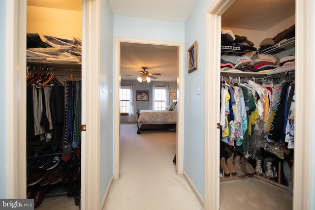 spacious closet featuring light carpet and ceiling fan