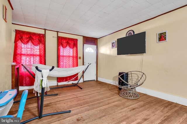 interior space featuring hardwood / wood-style flooring and crown molding