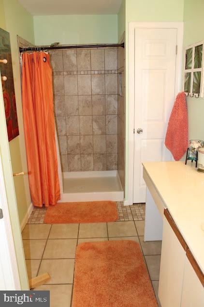 bathroom featuring tile patterned flooring, vanity, and curtained shower