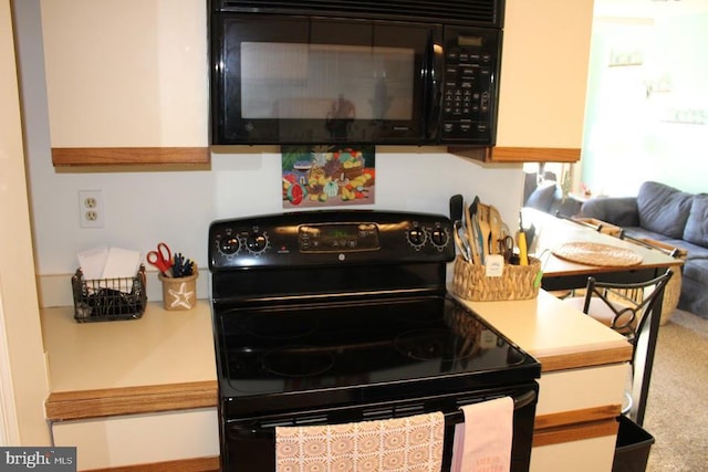 kitchen featuring carpet and black appliances