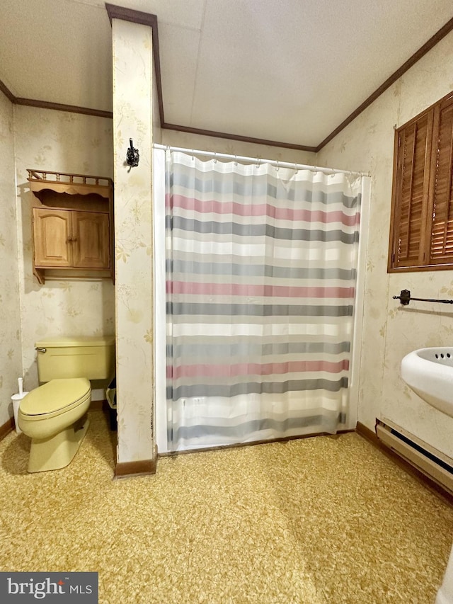 bathroom featuring a baseboard heating unit, toilet, ornamental molding, a textured ceiling, and walk in shower