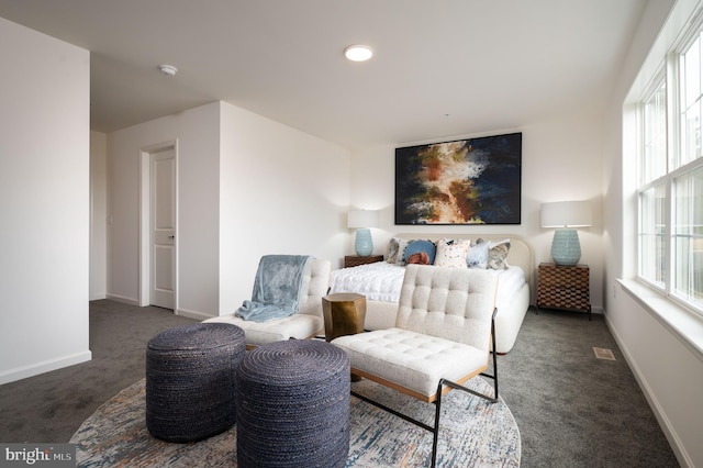 bedroom featuring dark colored carpet and multiple windows