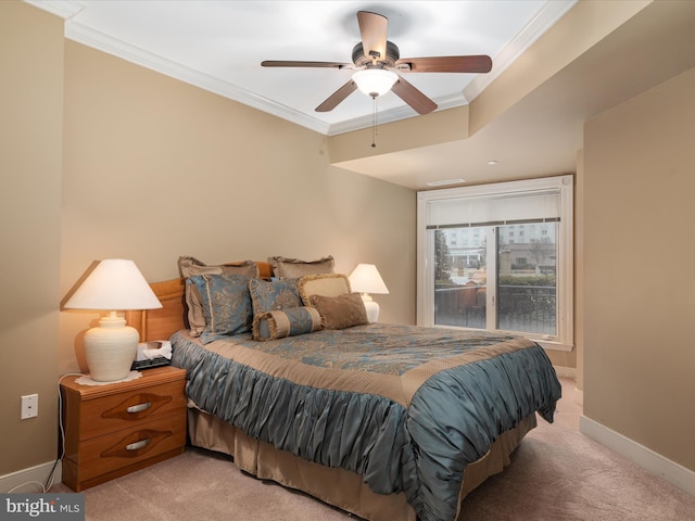 bedroom featuring ceiling fan, light colored carpet, and crown molding