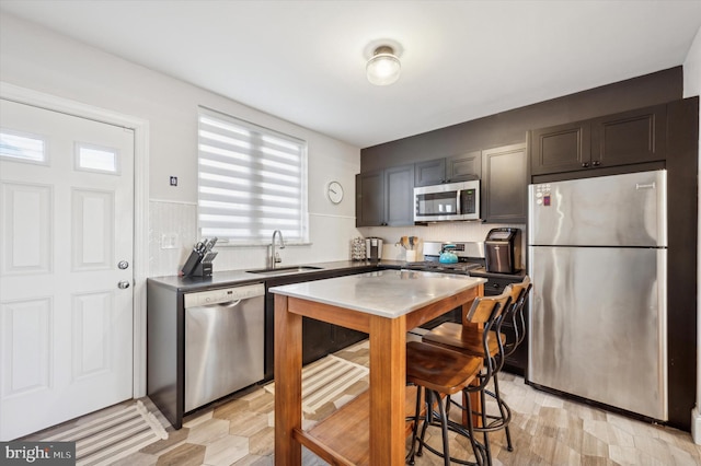 kitchen featuring dark brown cabinets, sink, light wood-type flooring, and stainless steel appliances