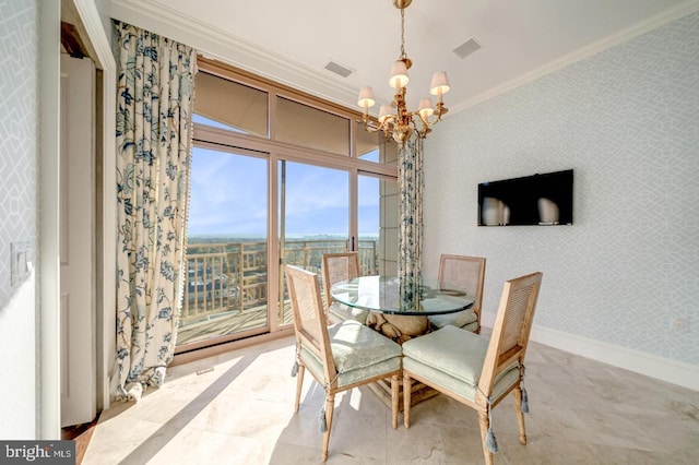 dining room with an inviting chandelier and ornamental molding