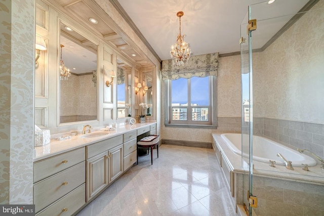 bathroom with a chandelier, shower with separate bathtub, vanity, and ornamental molding