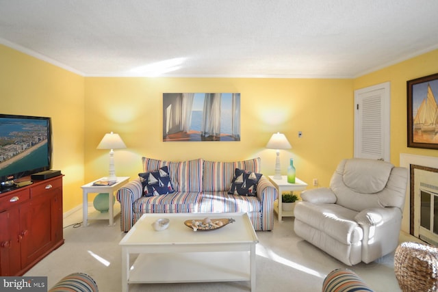 living room featuring a textured ceiling, crown molding, and light carpet