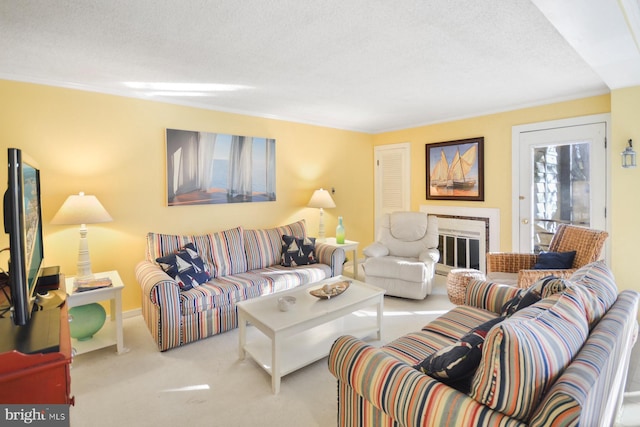 living room with light colored carpet and a textured ceiling