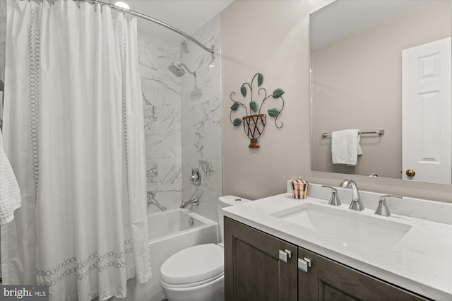 full bathroom featuring toilet, vanity, and shower / bathtub combination with curtain