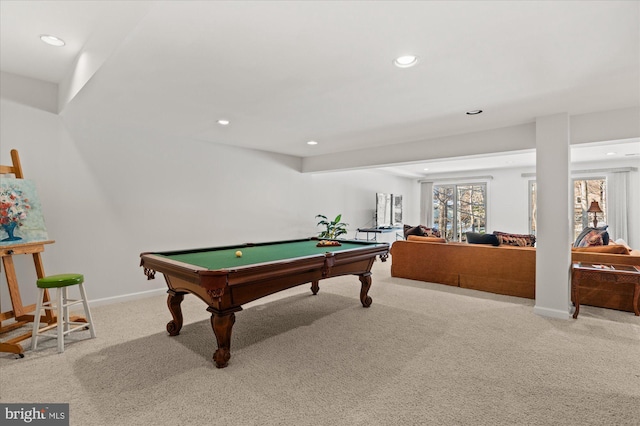 game room with light carpet and billiards