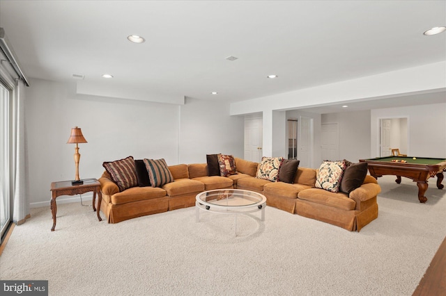 carpeted living room featuring billiards