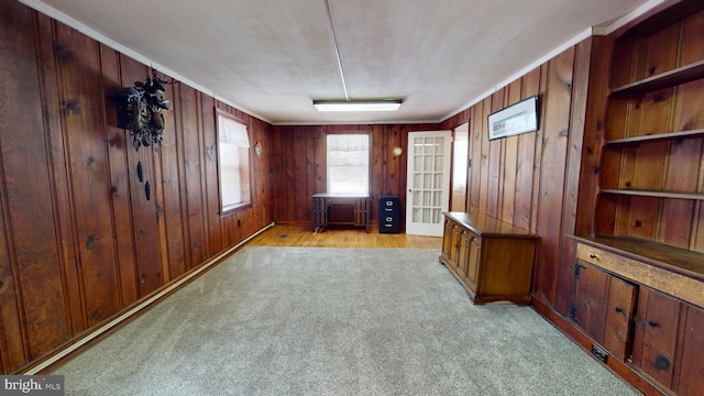 carpeted spare room with ornamental molding and wooden walls