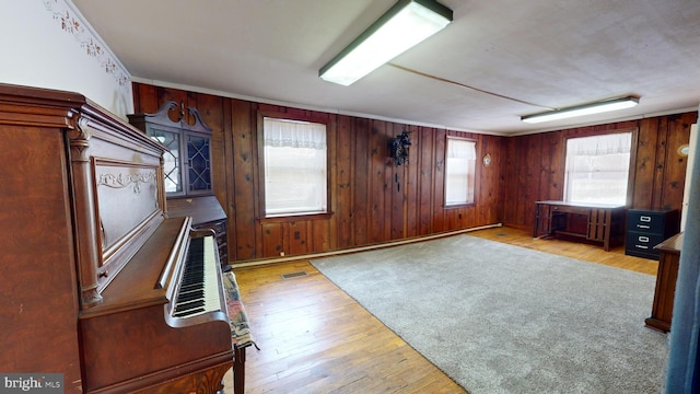 home office featuring plenty of natural light, light hardwood / wood-style flooring, and wood walls