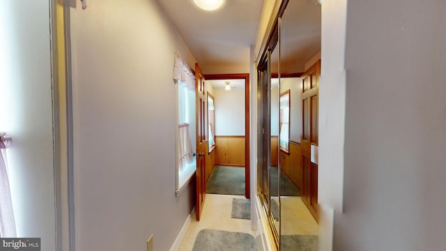 hallway featuring light carpet, wooden walls, and wainscoting