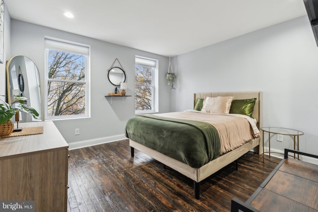 bedroom featuring dark wood-type flooring and multiple windows