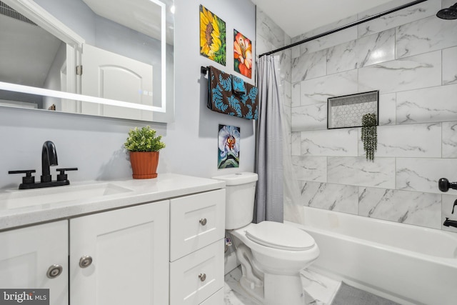 full bathroom featuring shower / bathtub combination with curtain, vanity, and toilet