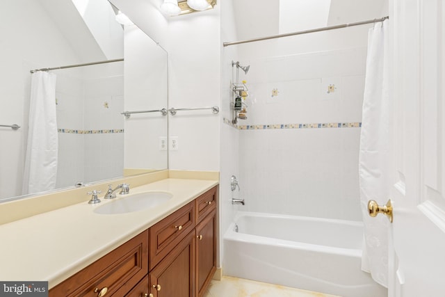 bathroom with vanity, shower / bath combination with curtain, and tile patterned floors