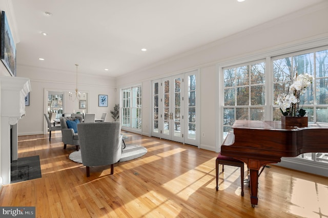 interior space with ornamental molding, a wealth of natural light, and light hardwood / wood-style flooring