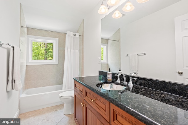 full bathroom with tile patterned flooring, vanity, shower / bath combination with curtain, and toilet